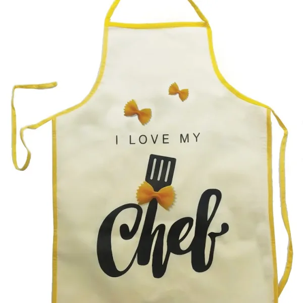 סינר אל-בד מעוצב, דגם שף - ״I Love My Chef״, רקע קרם, פס צהוב