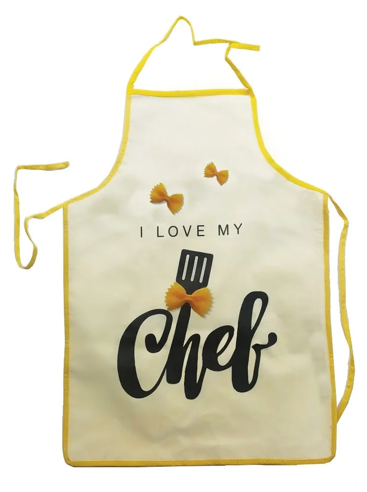סינר אל-בד מעוצב, דגם שף - ״I Love My Chef״, רקע קרם, פס צהוב