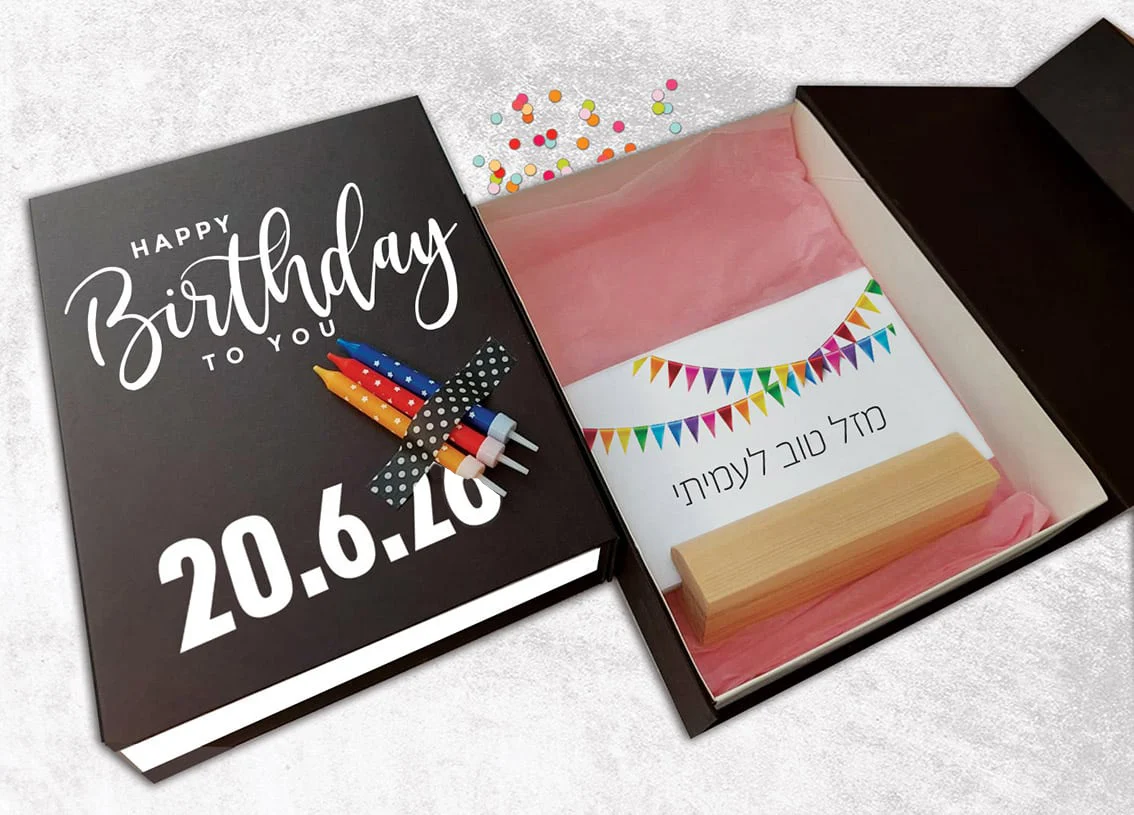 קופסת הפתעות קונפטי ליום הולדת בתוספת נרות יום הולדת ולוח שנה