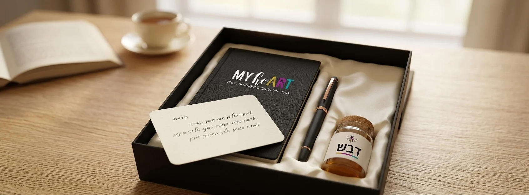 המדריך המלא למנהלי רווחה: איך לבחור מתנות לעובדים שבאמת יעריכו ב-2026 4 צילום פוטו-ריאליסטי של מארז מתנה מהודר פתוח על שולחן עץ. המארז מכיל יומן מעוצב עם לוגו חברה עדין, עט יוקרתי, צנצנת דבש קטנה וכרטיס ברכה אישי. התאורה חמה וטבעית.