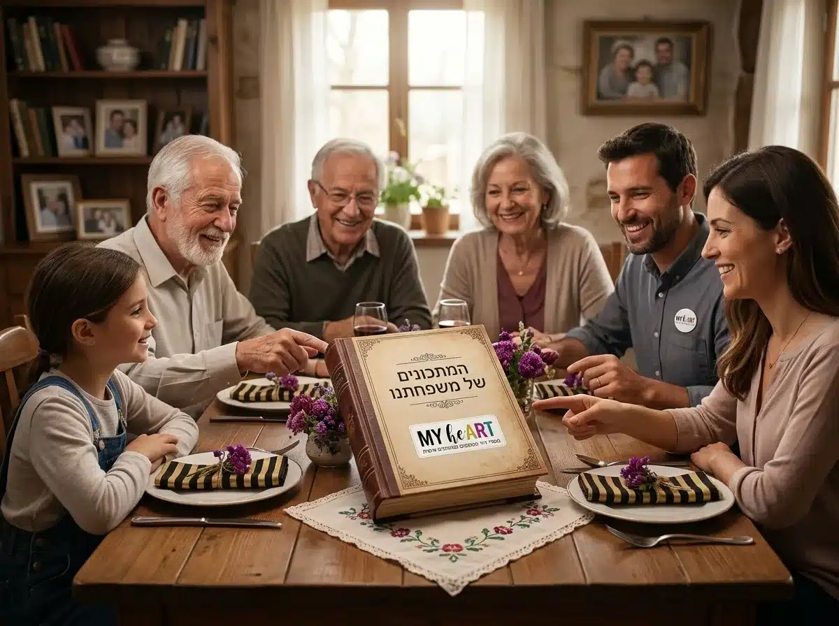 פרויקט משפחתי: כך תצרו מחברת מתכונים שעוברת מדור לדור 8 צילום מציאותי של משפחה רב דורית יושבת סביב שולחן אוכל חגיגי, במרכז השולחן מונחת בגאווה חוברת מתכונים משפחתית מודפסת וכרוכה היטב. כולם מחייכים לעבר החוברת, אווירה נוסטלגית, תאורה רכה.