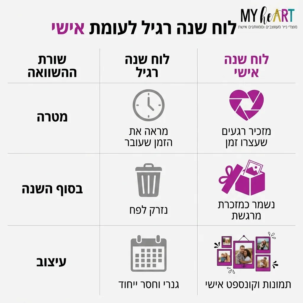 אינפוגרפיקה — לוח שנה רגיל לעומת אישי: השוואה בין לוח שנה רגיל, לוח שנה אישי