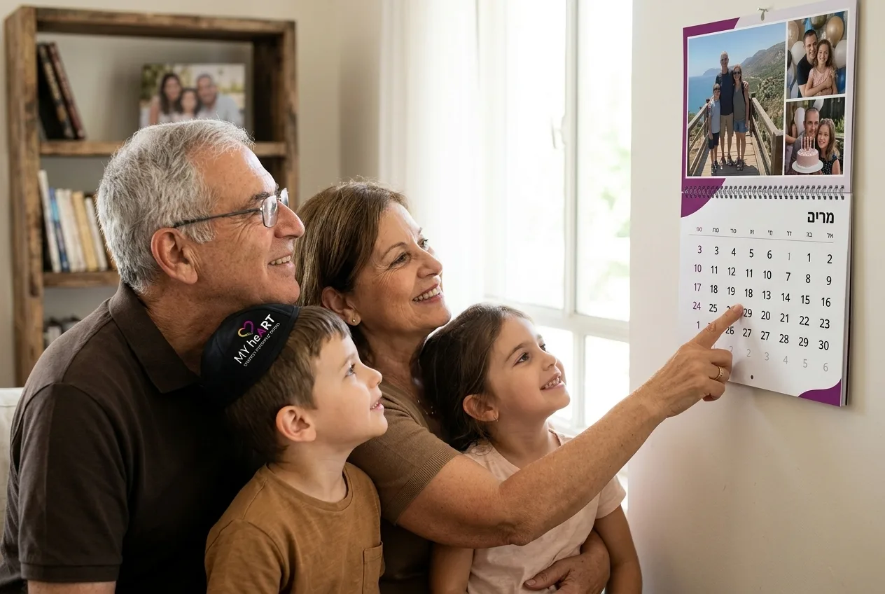 משפחה (סבא, סבתא, נכדים) מסתכלת יחד בחיוך על לוח שנה מעוצב עם תמונותיהם תלוי על הקיר.
