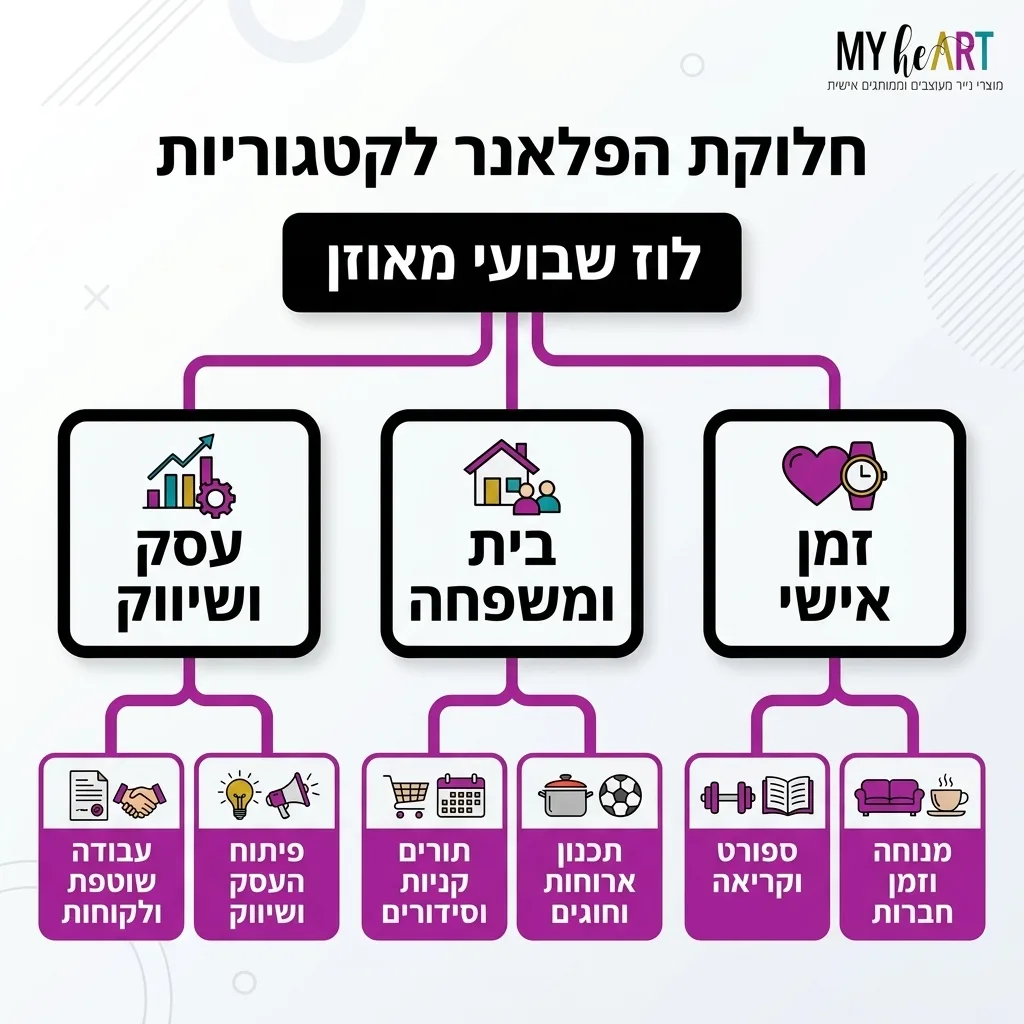 פלאנר שבועי לעצמאיות: שיטת התכנון שתעזור לך לנהל את העסק והבית 3 אינפוגרפיקה — חלוקת הפלאנר לקטגוריות: לוז שבועי מאוזן