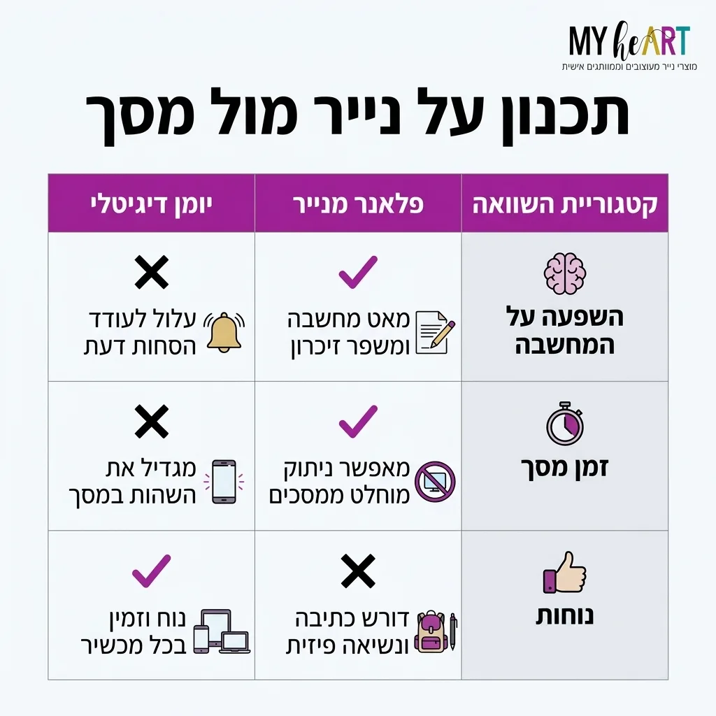 פלאנר שבועי לעצמאיות: שיטת התכנון שתעזור לך לנהל את העסק והבית 4 אינפוגרפיקה — תכנון על נייר מול מסך: השוואה בין פלאנר מנייר, יומן דיגיטלי