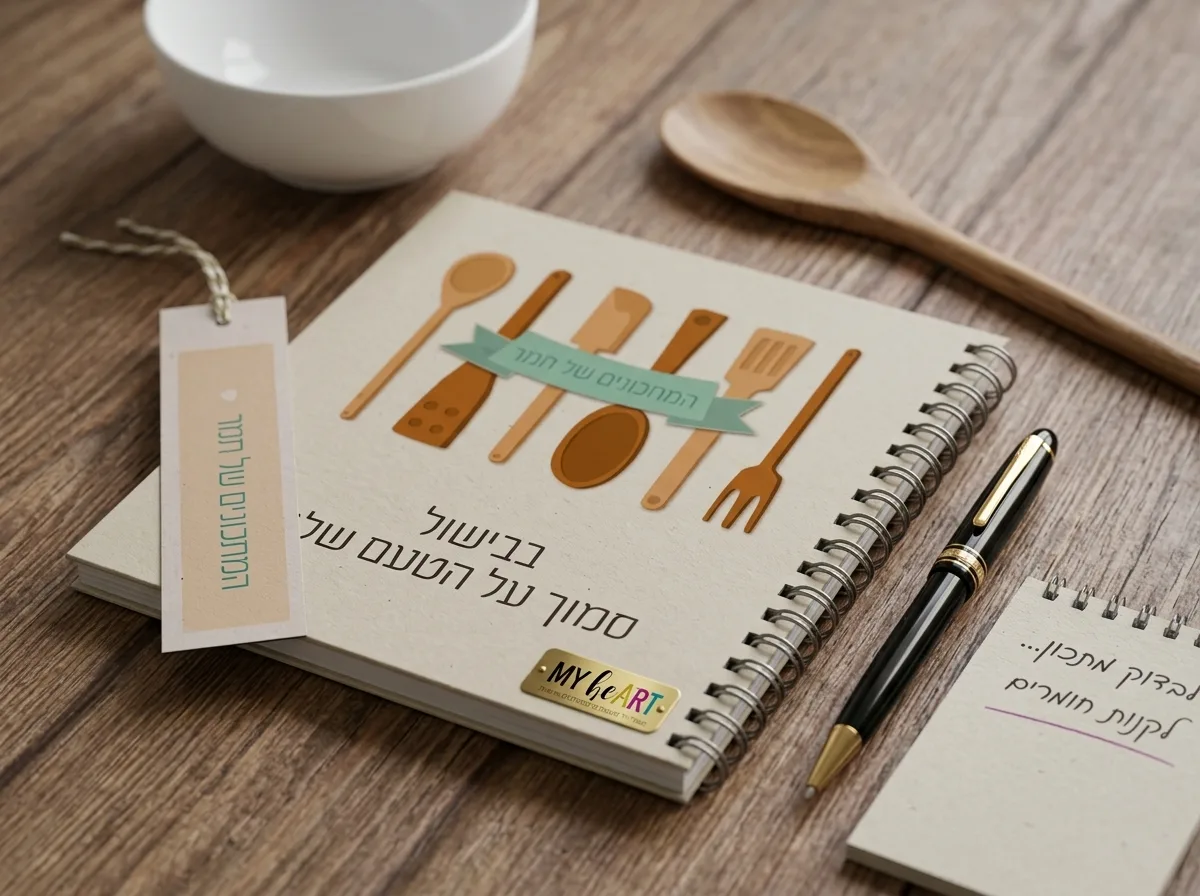 כוחה של מילה: מדריך שלבים להקדשה שהופכת מחברת למתנה בלתי נשכחת 2 צילום תקריב מציאותי של שולחן עבודה מעץ, עליו מונחת מחברת כריכה קשה מקרטון ממוחזר, עט כדורי מהודר, ודף טיוטה קטן עם מילים בכתב יד. תאורה טבעית ורכה.