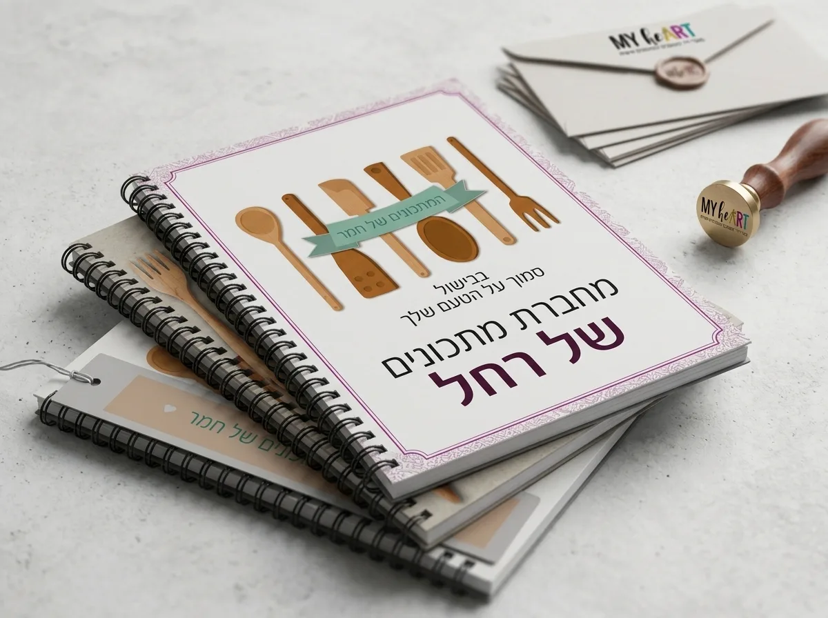 כוחה של מילה: מדריך שלבים להקדשה שהופכת מחברת למתנה בלתי נשכחת 5 צילום של כמה מחברות ספירלה מעוצבות מונחות זו על זו, על הכריכה העליונה מודפס שם אישי באותיות מרשימות. ברקע ניתן לראות מעטפות וסימניות תואמות.