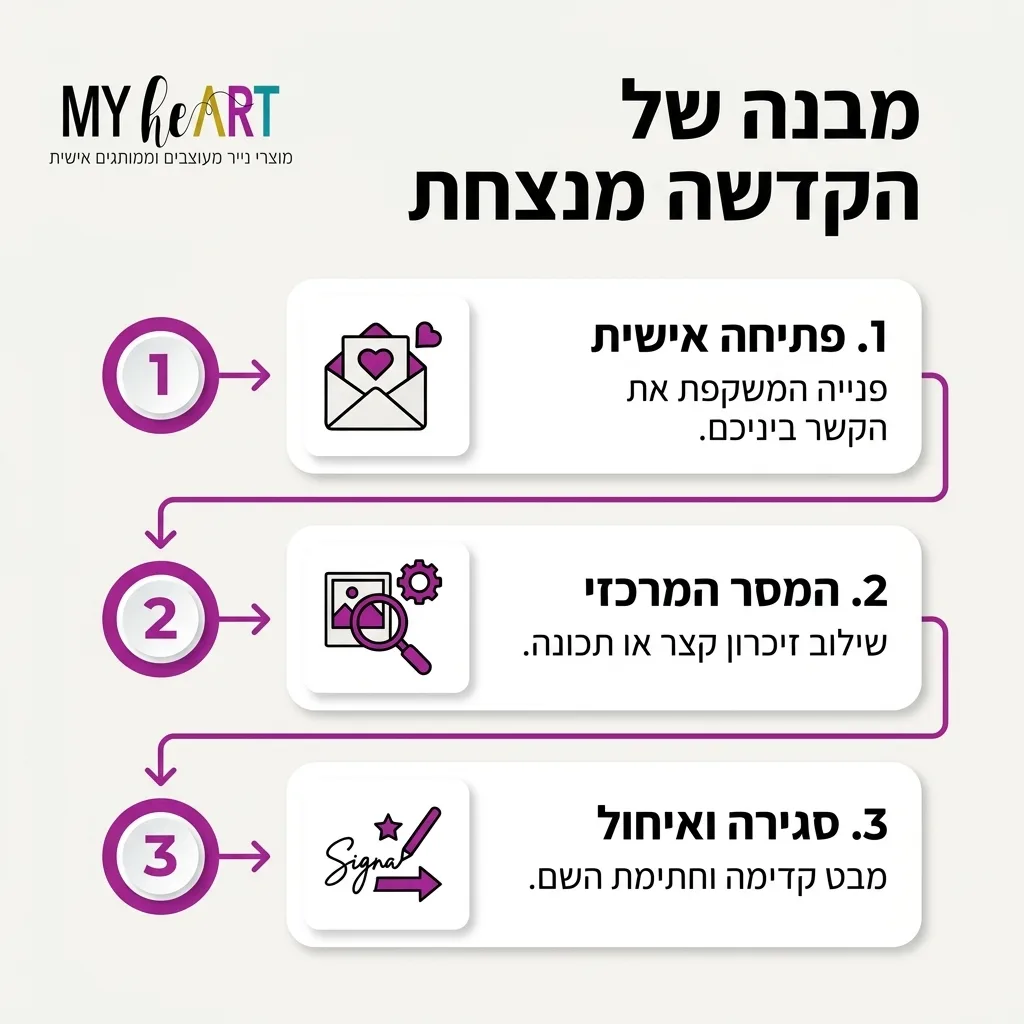 כוחה של מילה: מדריך שלבים להקדשה שהופכת מחברת למתנה בלתי נשכחת 3 אינפוגרפיקה — מבנה של הקדשה מנצחת: פתיחה אישית, המסר המרכזי, סגירה ואיחול