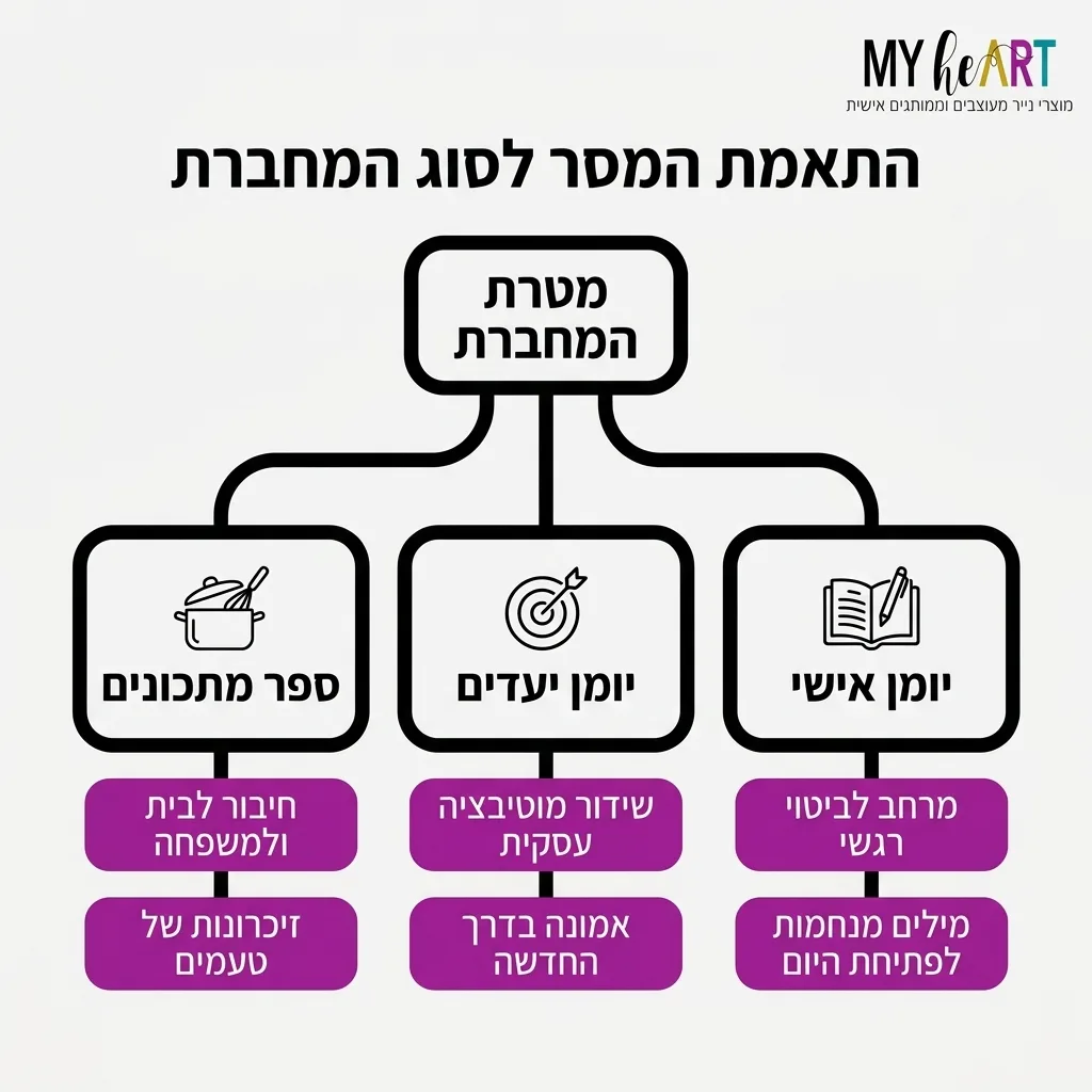 כוחה של מילה: מדריך שלבים להקדשה שהופכת מחברת למתנה בלתי נשכחת 4 אינפוגרפיקה — התאמת המסר לסוג המחברת: מטרת המחברת