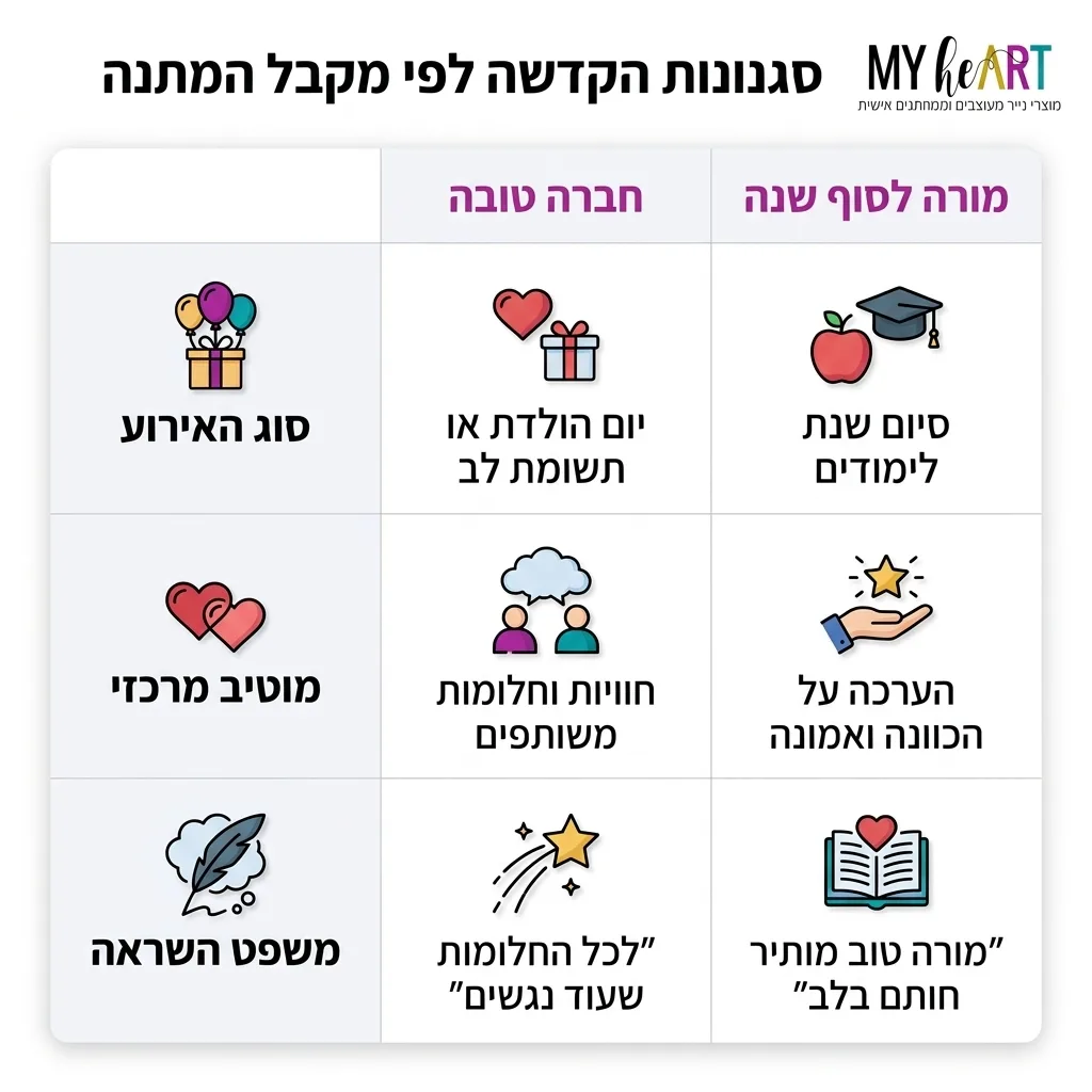 כוחה של מילה: מדריך שלבים להקדשה שהופכת מחברת למתנה בלתי נשכחת 6 אינפוגרפיקה — סגנונות הקדשה לפי מקבל המתנה: השוואה בין חברה טובה, מורה לסוף שנה