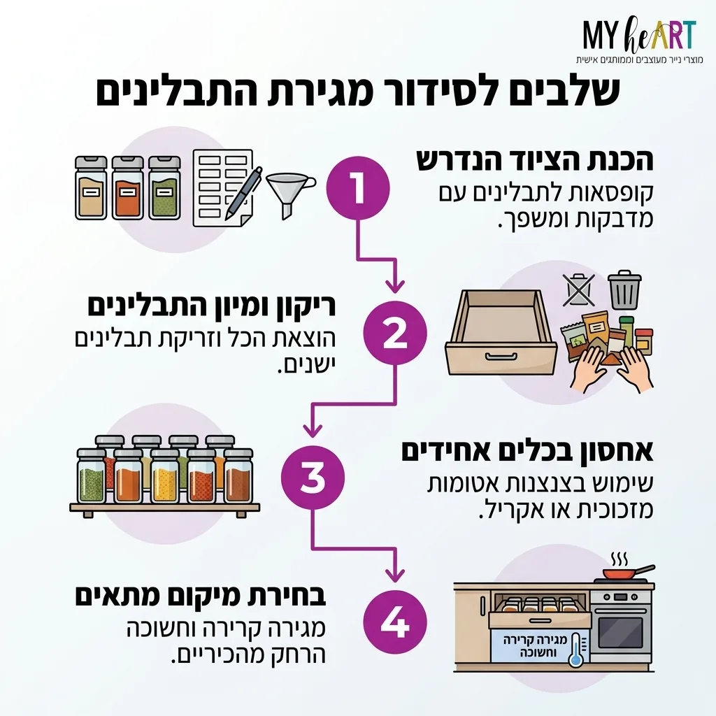 מהפך במטבח: כך תסדרו את מגירת התבלינים ותהפכו את הבישול למהנה 3 אינפוגרפיקה — שלבים לסידור מגירת התבלינים: הכנת הציוד הנדרש, ריקון ומיון התבלינים, אחסון בכלים אחידים, בחירת מיקום מתאים