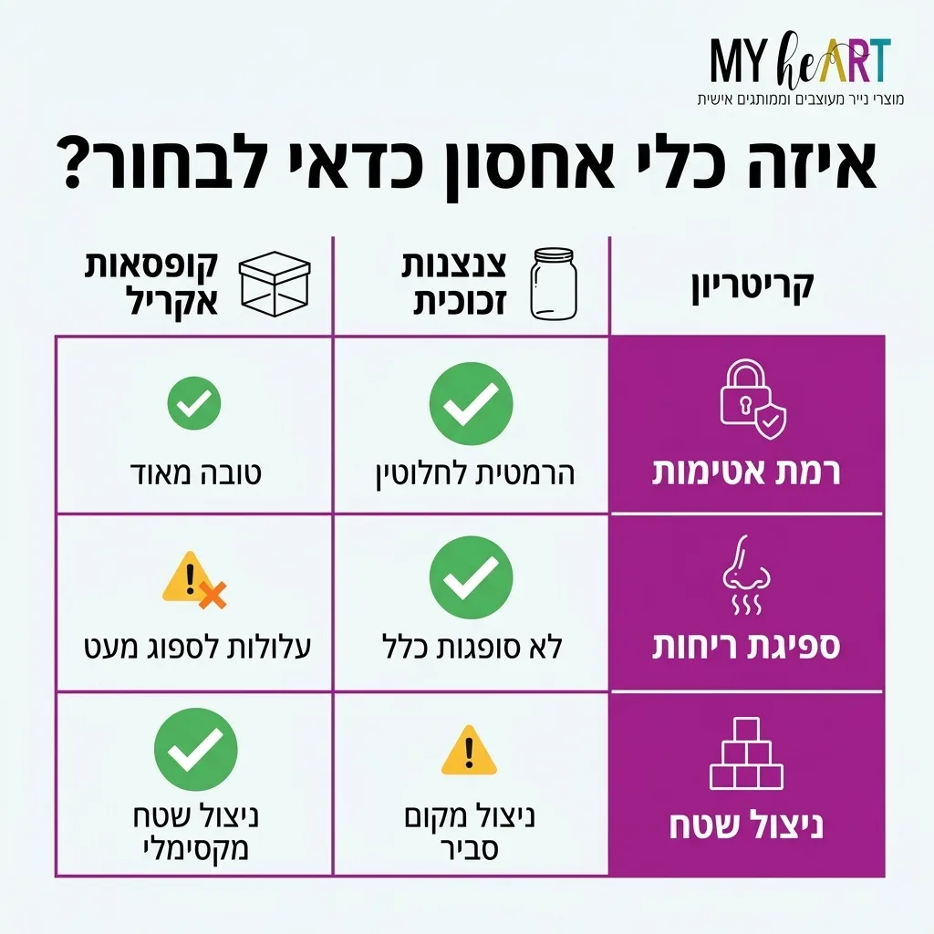 מהפך במטבח: כך תסדרו את מגירת התבלינים ותהפכו את הבישול למהנה 6 אינפוגרפיקה — איזה כלי אחסון כדאי לבחור: השוואה בין צנצנות זכוכית, קופסאות אקריל