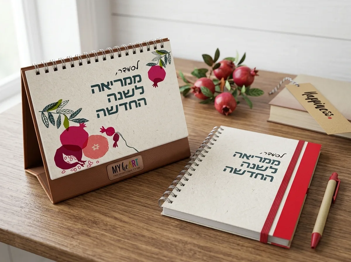 Onboarding מושלם: מתנה לעובד חדש שתעשה רושם מנצח | MyHeART 3 צילום פוטו-ריאליסטי של לוח שנה שולחני מעוצב ומחברת ספירלה תואמת מונחים יחד על השולחן, פוקוס על הטקסטורות של הנייר