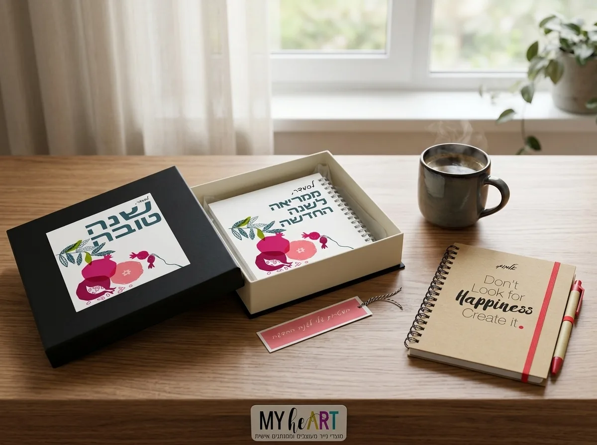 Onboarding מושלם: מתנה לעובד חדש שתעשה רושם מנצח | MyHeART 2 צילום פוטו-ריאליסטי של שולחן משרדי נקי ומסודר, עליו מונחת קופסת מתנה פתוחה למחצה ולידה כוס קפה חמה, אור בוקר נעים נכנס מהחלון