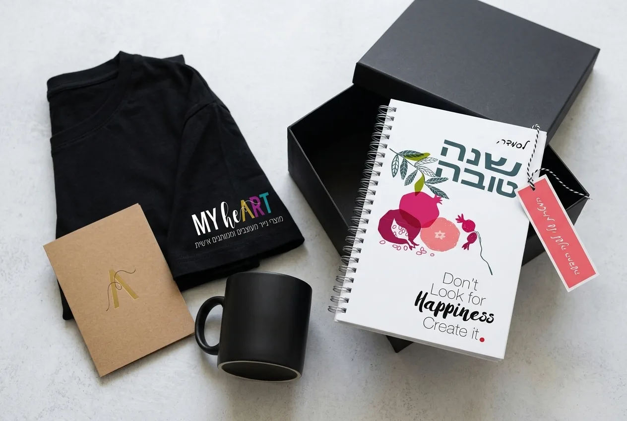 צילום Flat lay של ערכת קבלת פנים מסודרת על שולחן: מחברת ממותגת, ספל, חולצה עם לוגו וכרטיס ברכה.